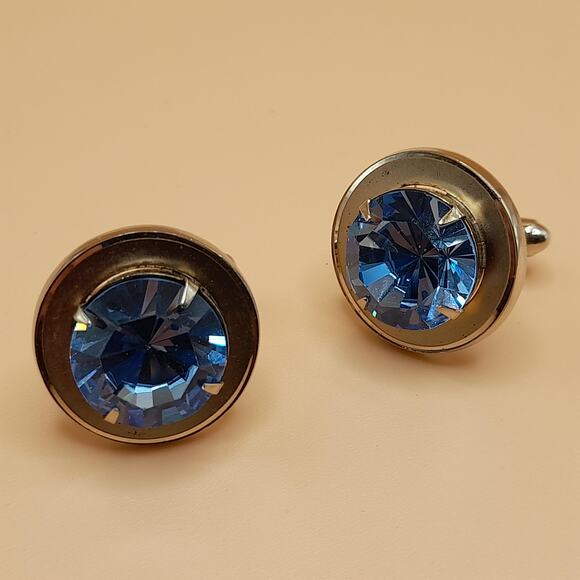 Vintage Light Blue Rhinestone Cuff Links - Picture 8 of 10